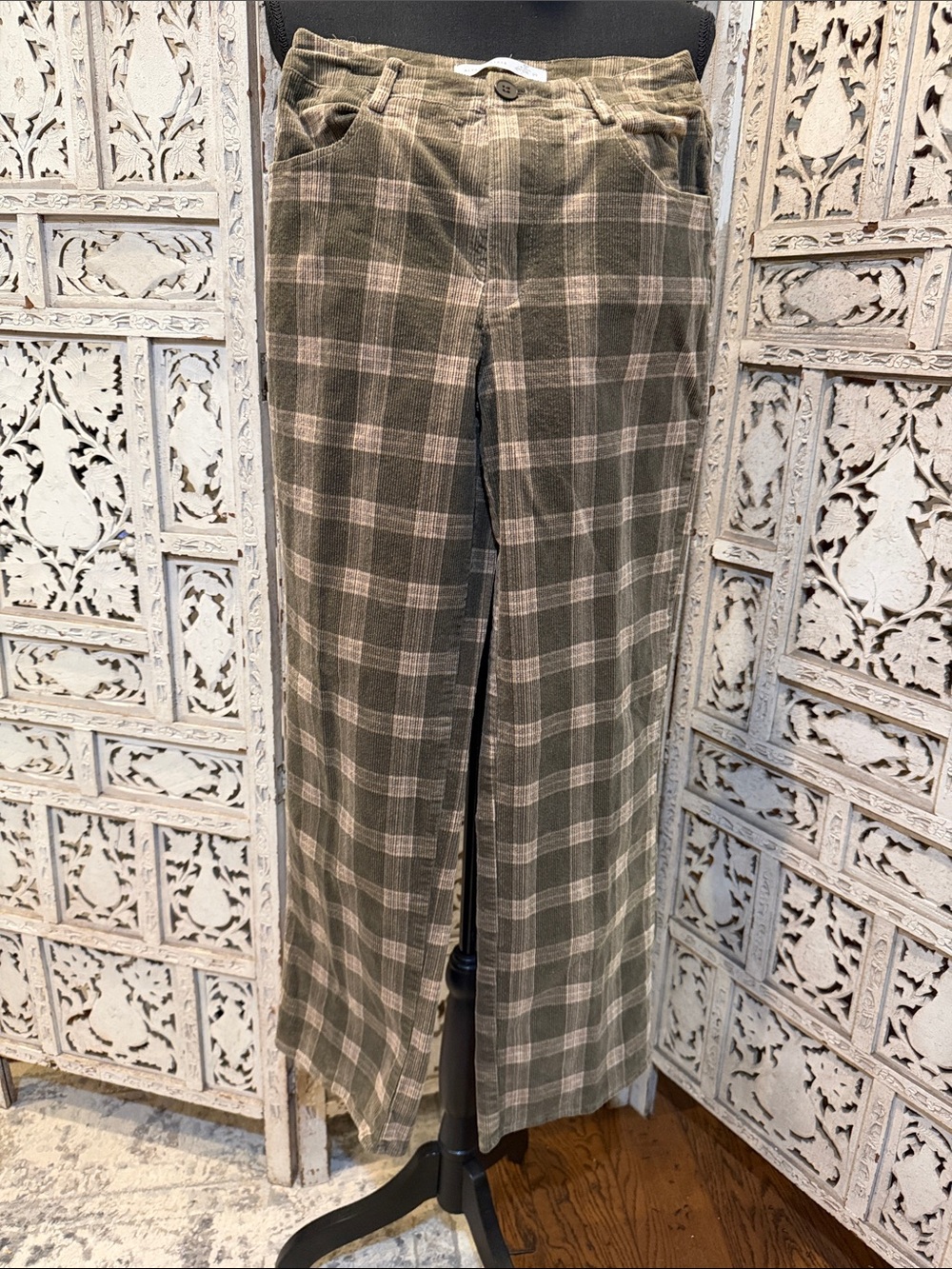 Altar'd State Olive and Cream Plaid Corduroy Wide-Leg Pants